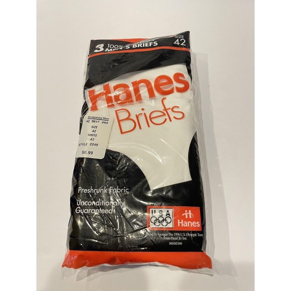 Vintage 1992 HANES 3 Pack of Mens  White Briefs Underwear Preshrunk Size 42